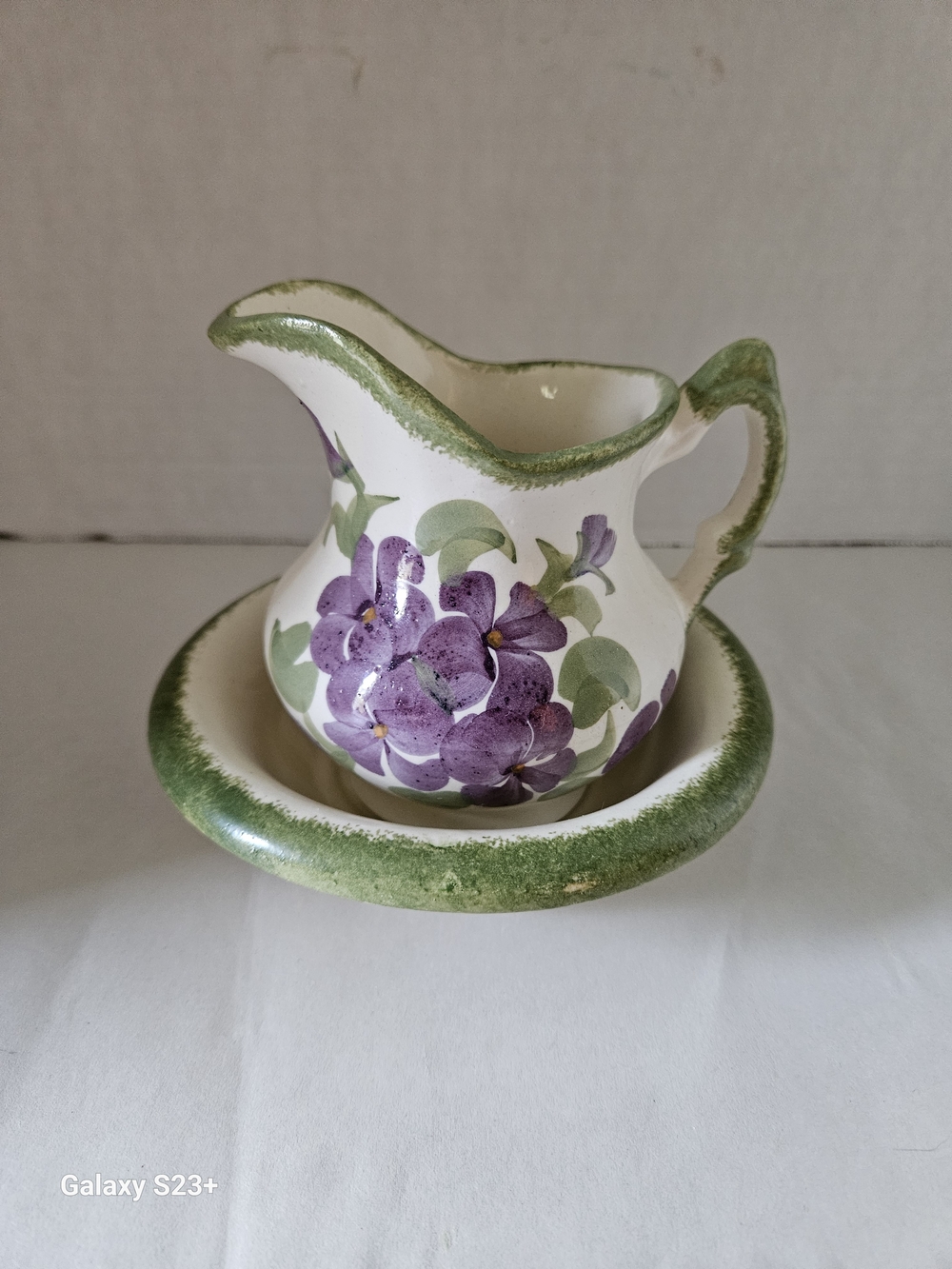Cash Family Hand-Painted Floral Pitcher and Basin Set - Purple and Green